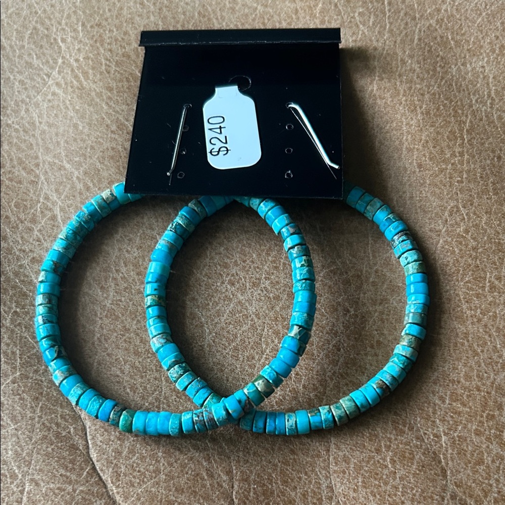 Turquoise Bead Hoop Earrings - Blue Turquoise Statement Hoops - Picture 2 of 4